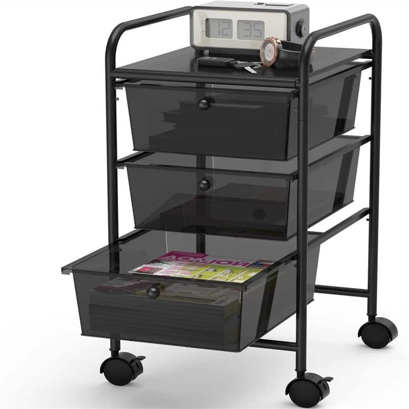 Cart with 3 Drawers Rolling - 14.25"D x 12.5"W x 25.4"H - Metal Finish - Black