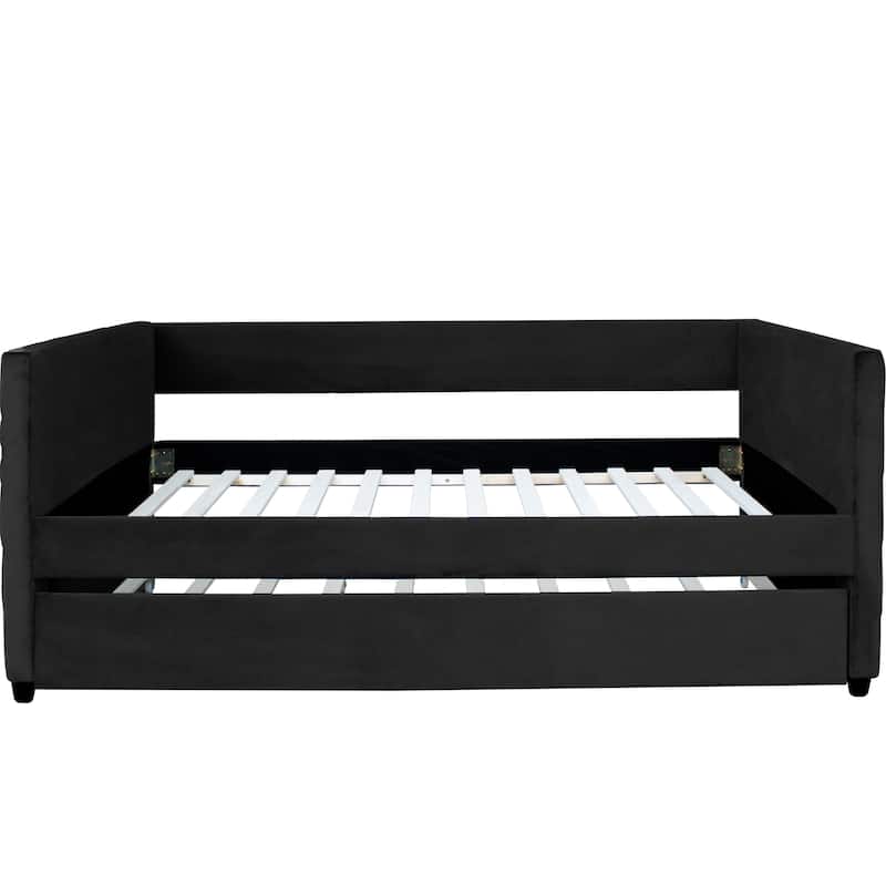 Black Velvet Upholstered Daybed with Gold Accent Strips & Trundle, Twin Sofa Bed for Bedroom, Livingroom, No Box Spring Required