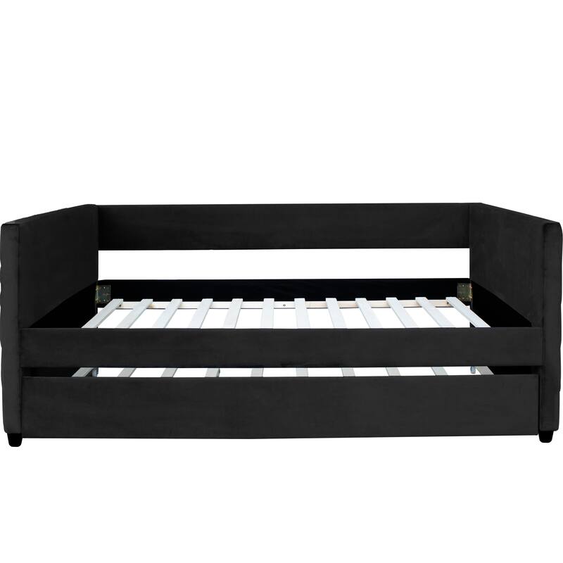 Modern Twin Size Daybed with Trundle, Upholstered Black Velvet Sofa Bed Frame with Gold Accents, Space-Saving Guest Bed
