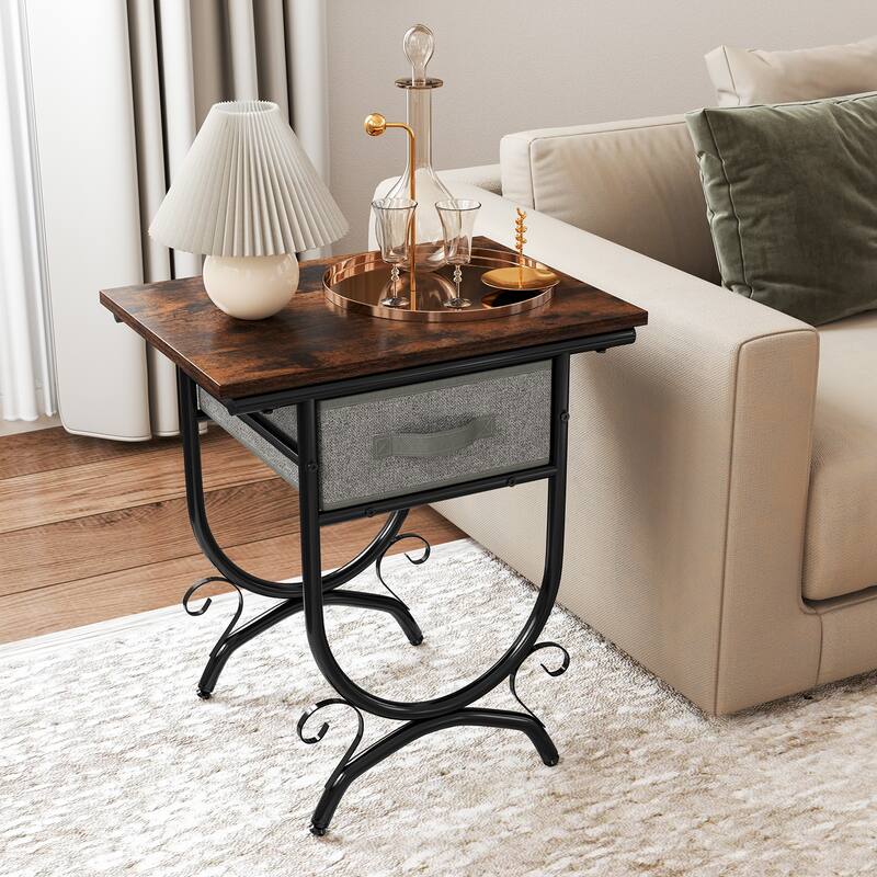 Rustic Wood Side Table with Metal Frame and Grey Fabric Drawer for Bedroom Living Room Storage - 19" x 14" x 21"