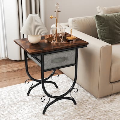 Rustic Wood Side Table with Metal Frame and Grey Fabric Drawer for Bedroom Living Room Storage - 19" x 14" x 21"