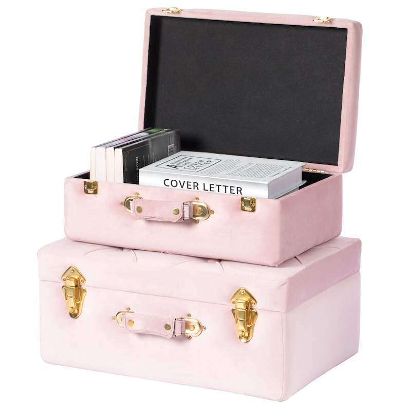 Decorative Tufted Velvet Suitcase Treasure Chest Set of 2 - N/A - Pink