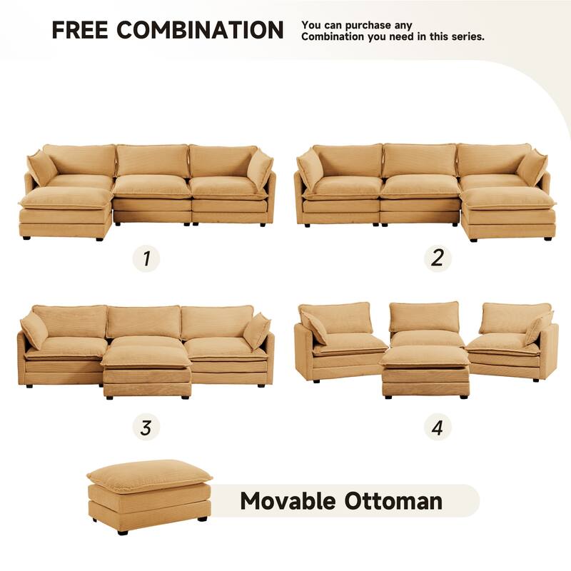 3-Seat Corduroy Modular Sofa with an Independent Removable Ottoman for Living Room or Business