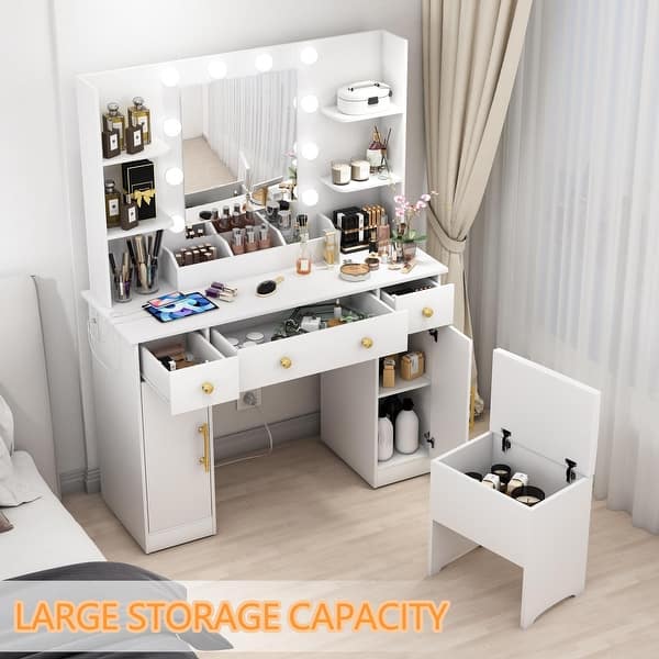 Vanity Desk with Mirror and Lights, 43'' White Makeup Dressing Table Set  with 5 Drawers & Chair, Power Outlet, for Women Girls - Bed Bath & Beyond -  41073660