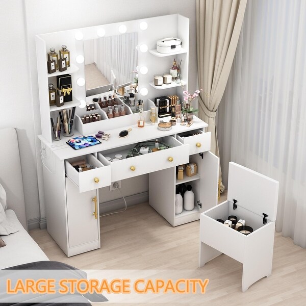 化粧台 化粧室 DRESSING TABLE WITH LIGHTS Vanity Desk with Mirror and Lights, 43'' White Makeup Dressing
