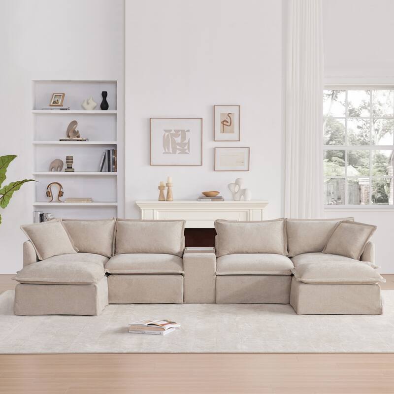 Roomfitters U-Shaped Sectional Sofa with Ottoman, Console and Cup Holder, Chenille 6-Seat Couch with USB Charger