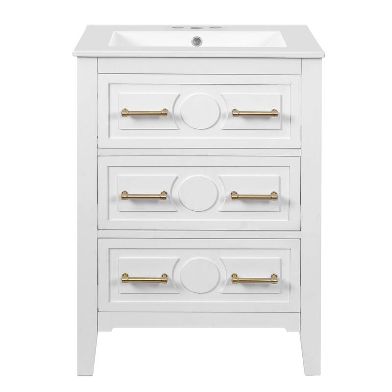 24" Bathroom Vanity with Ceramic Sink Combo, Free-Standing Single Vanity Set with 3 Drawers