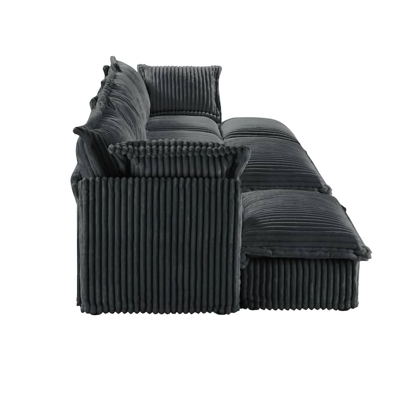 Living Room Corduroy Slipcovered 3-Seat Sofa with 3 Ottomans