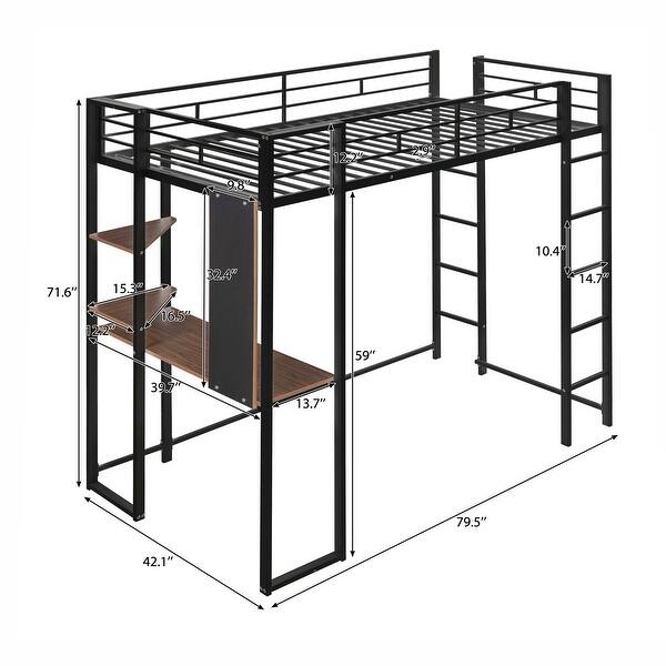 dimension image slide 2 of 3, Twin Metal Loft Bed with 2 Shelves and one Desk staircase