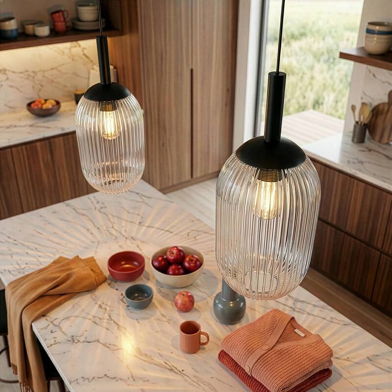 Teen Black Modern Pendant Light with Ribbed Glass Shade