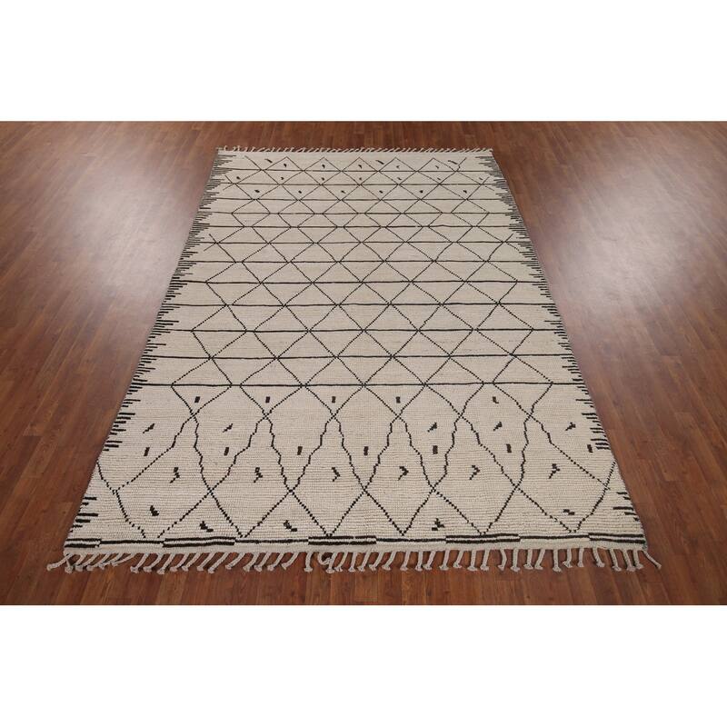 Trellis Moroccan Area Rug Hand-Knotted Oriental Beige Wool Carpet - 6'11"x 10'3"