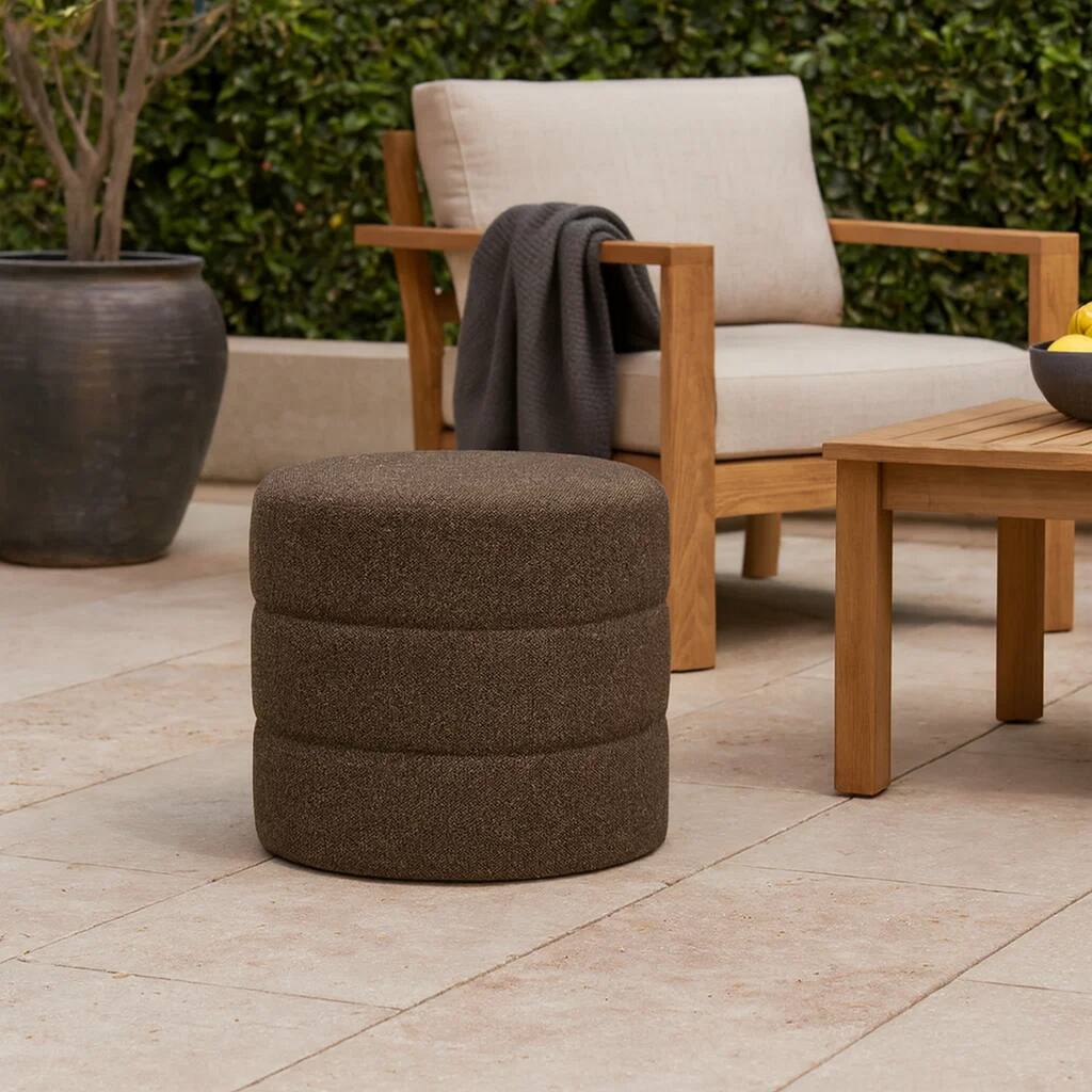 Sem Round Accent Ottoman, Dark Brown Channel Stitched Boucle 18 Inch