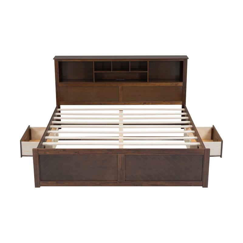 King Size Wood Platform Bed Frame with Multi-Storage Headboard, USB Charging and Drawers, No Box Spring Needed For Bedroom