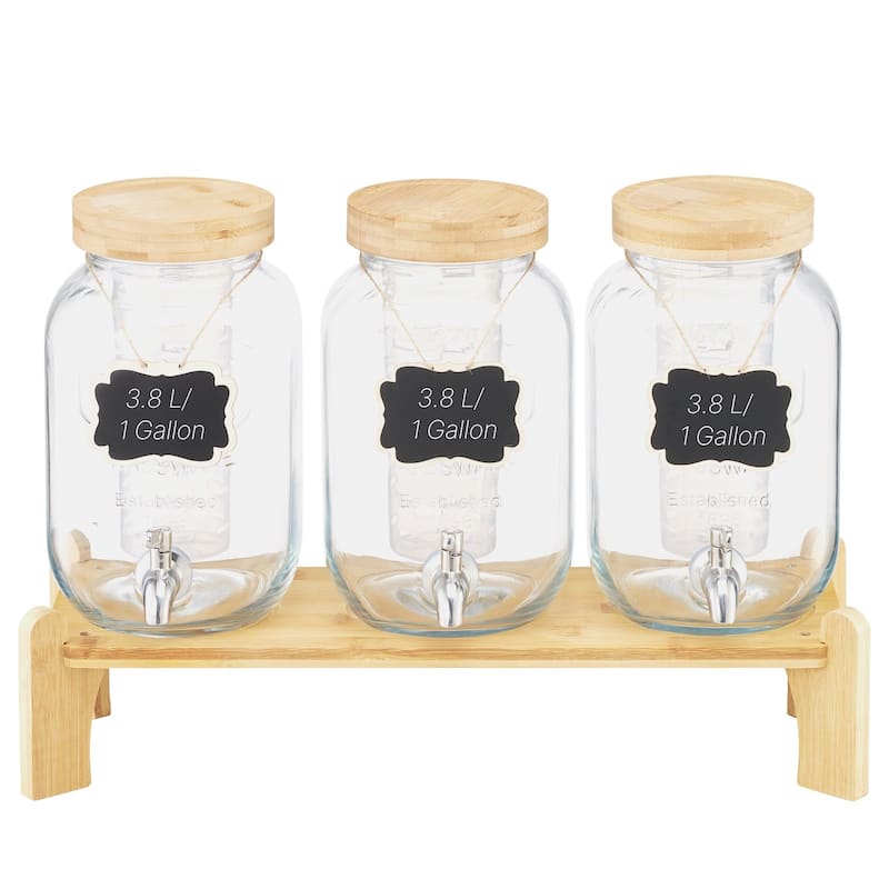 Transparent Glass Three Cylinder Beverage Dispenser 3 Gallon with Wood Stand and Chalkboards - 20.08 x 7.09 x 13.78 in - Transparent