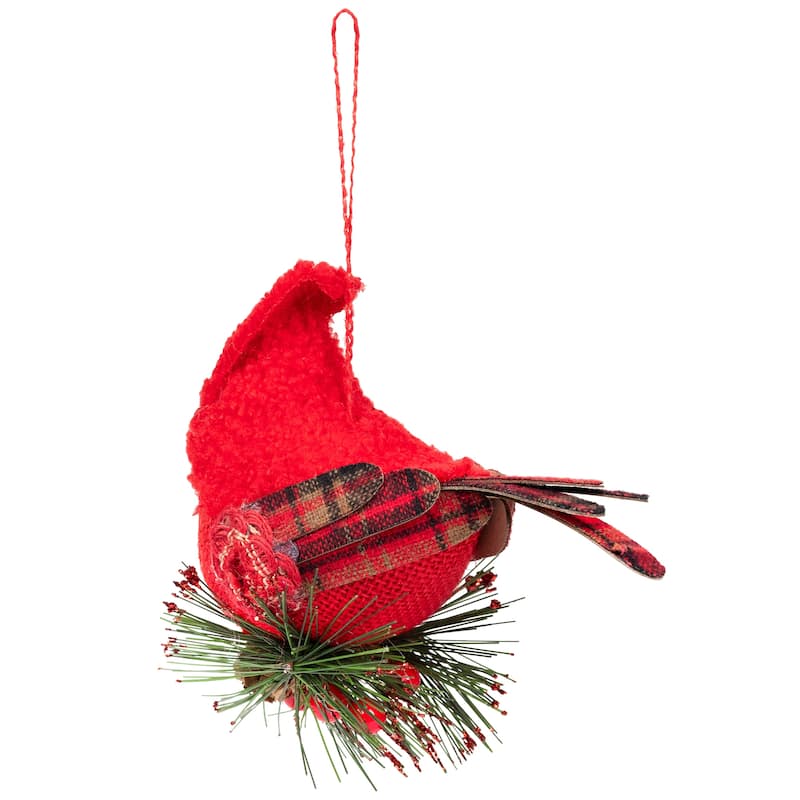 13" Red and Green Plaid Cardinal on Holly Berries Christmas Ornament