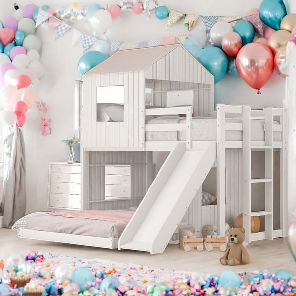 slide 2 of 15, Modern Twin Over Full Wooden Bunk Bed Loft Bed With Playhouse,Ladder White