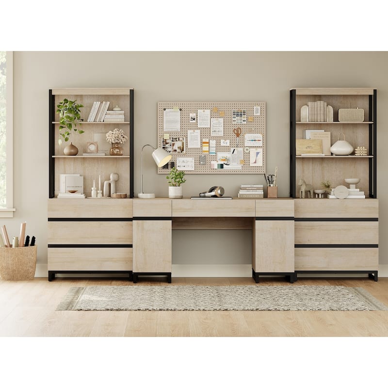 WAMPAT 59" Executive Desk with Charging Station & Storage Cabinet + 72" Tall Bookcase with 6 Drawers.