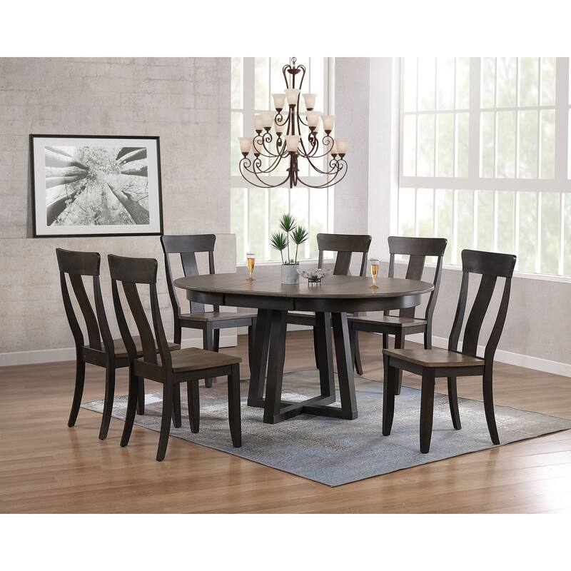 Antiqued Grey Stone Black Stone Panel Back 7-Piece Cross Pedestal Dining Set