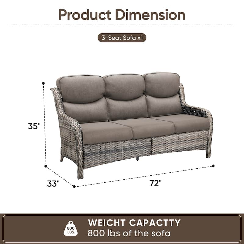 Pocassy Outdoor 3 Seat Sofa with 5 In Thick Cushion Patio Wicker Sofa