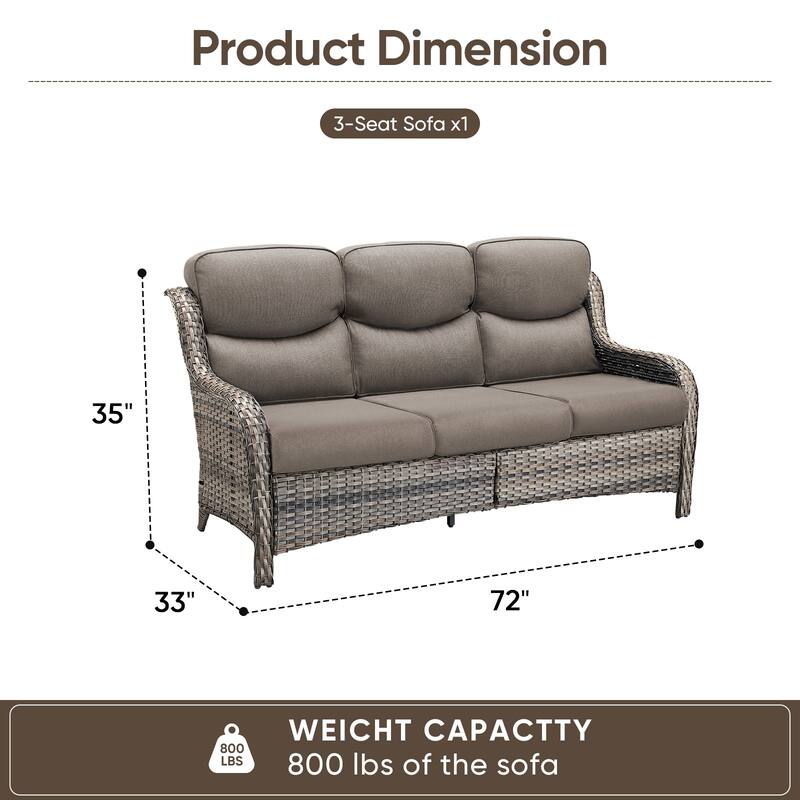 Pocassy Outdoor Wicker 3 Seat Sofa with 5 In Thick Cushion Patio Sofa