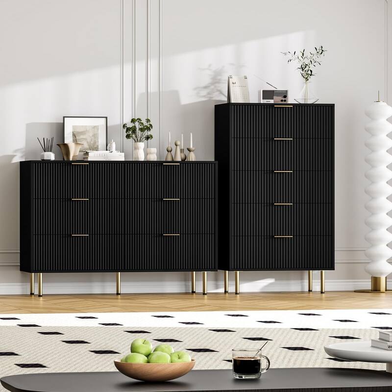 6 Drawer Fluted Dresser for Bedroom, Modern Wooden Storage Chest with Gold Handles