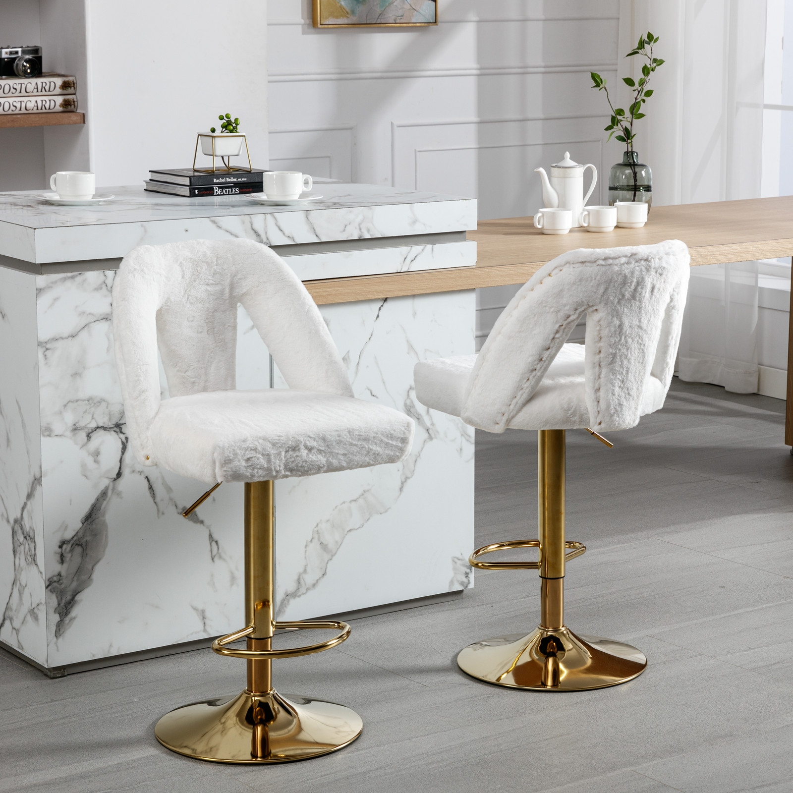 Faux Rabbit Hair Barstools Swivel Adjusatble Seat Modern Bar Stool