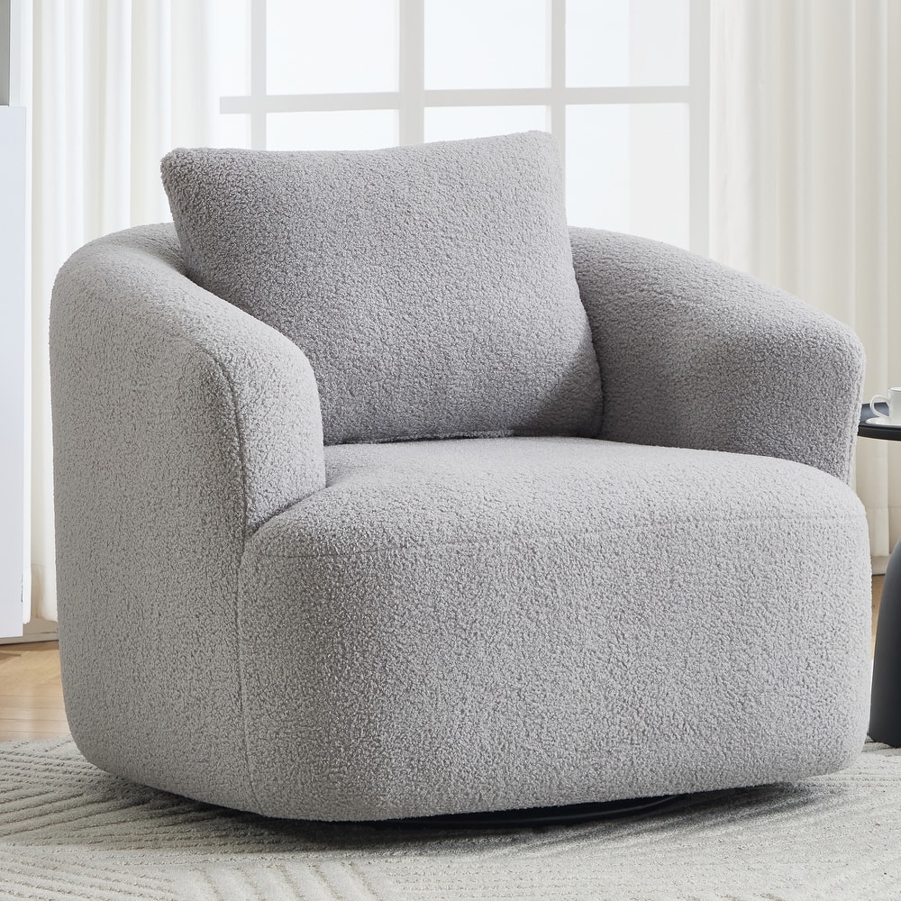 360°Swivel Round Upholstered Comfy Chair With One Soft Pillow, Teddy Fleece High-Resilience Sponge Single Sofa