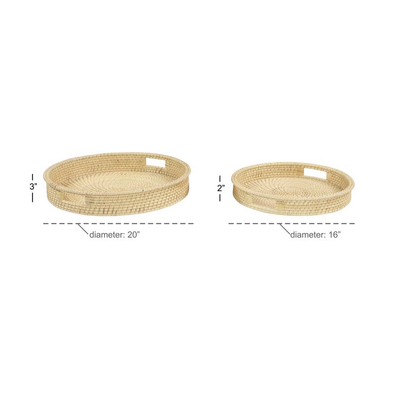 Cream Rattan Living Room Decor Tray with Slot Handles (Set of 2) - 20 x 20 x 3Round