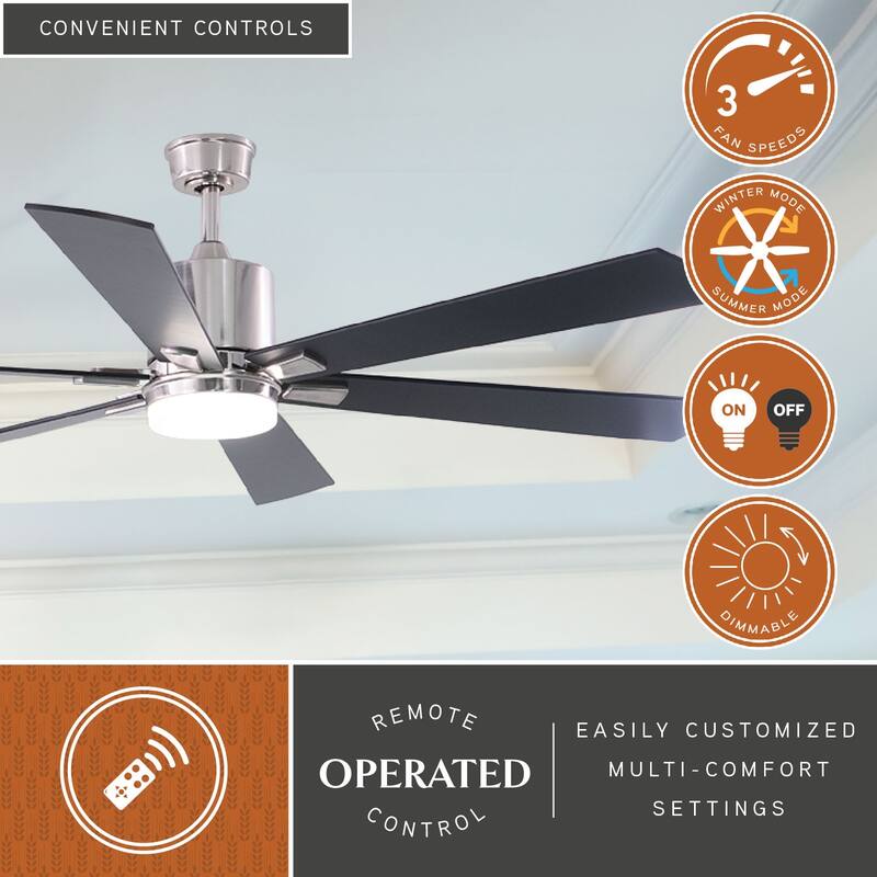 VAXCEL Wheelock Satin Nickel Outdoor Ceiling Fan, Reversible Black-Driftwood Blades, LED Light Kit, Remote 6 Speeds, DC Motor
