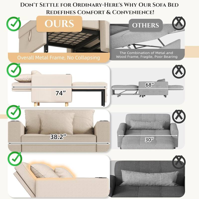 AECOJOY Sleeper Chair Extra Wide Convertible Chair Bed 3-in-1 Pull Out Single Sofa