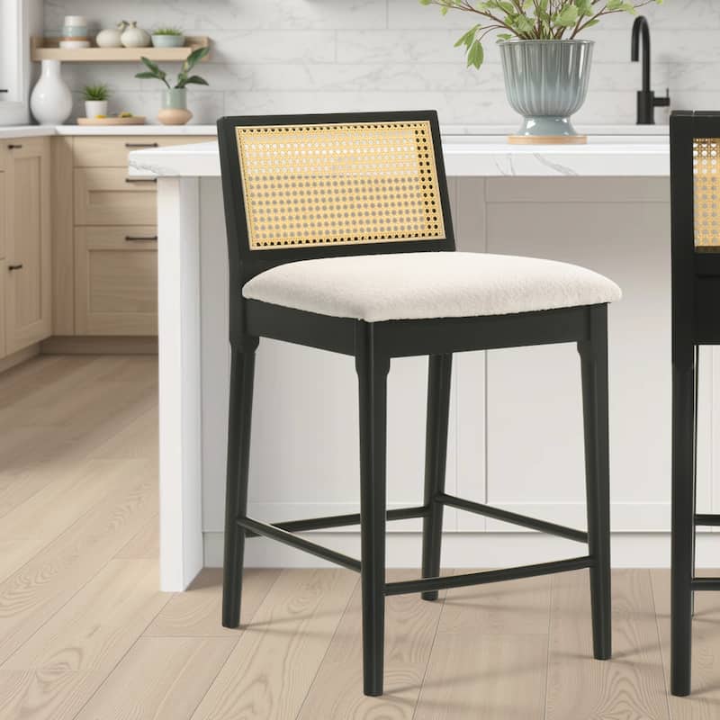 Tobias Rattan and Wood Bar Stool, Counter Height Kitchen Stool with White Boucle Fabric Upholstered Seat - Single - Black - Counter Height
