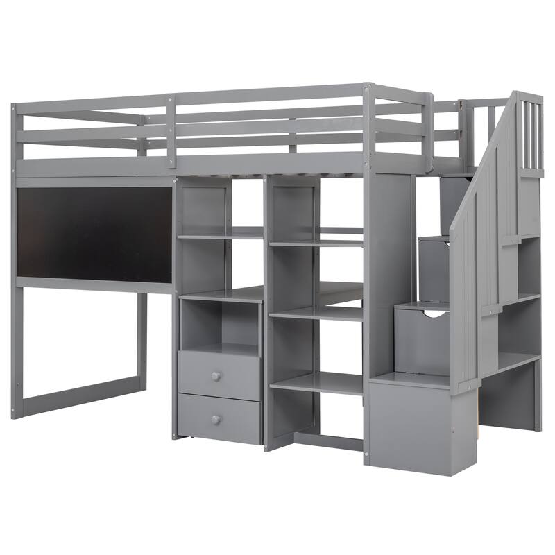 Twin Size Loft Bed Sturdy Wood Frame with Pullable Desk and Storage