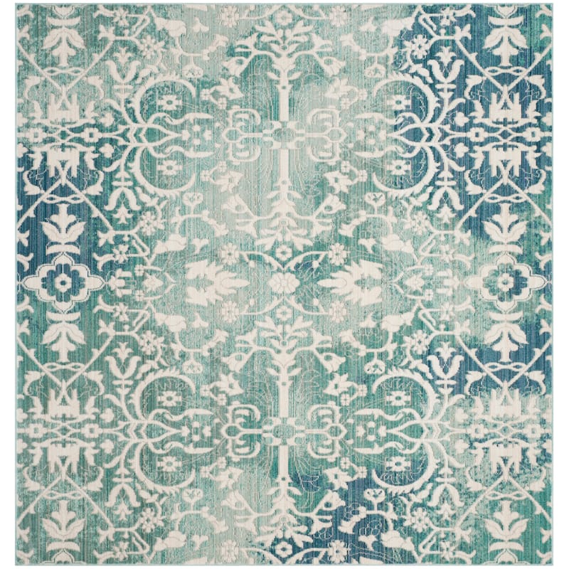 SAFAVIEH Mystique Shadya Watercolor Oriental Polyester Rug - 6'7" Square - Blue/Ivory