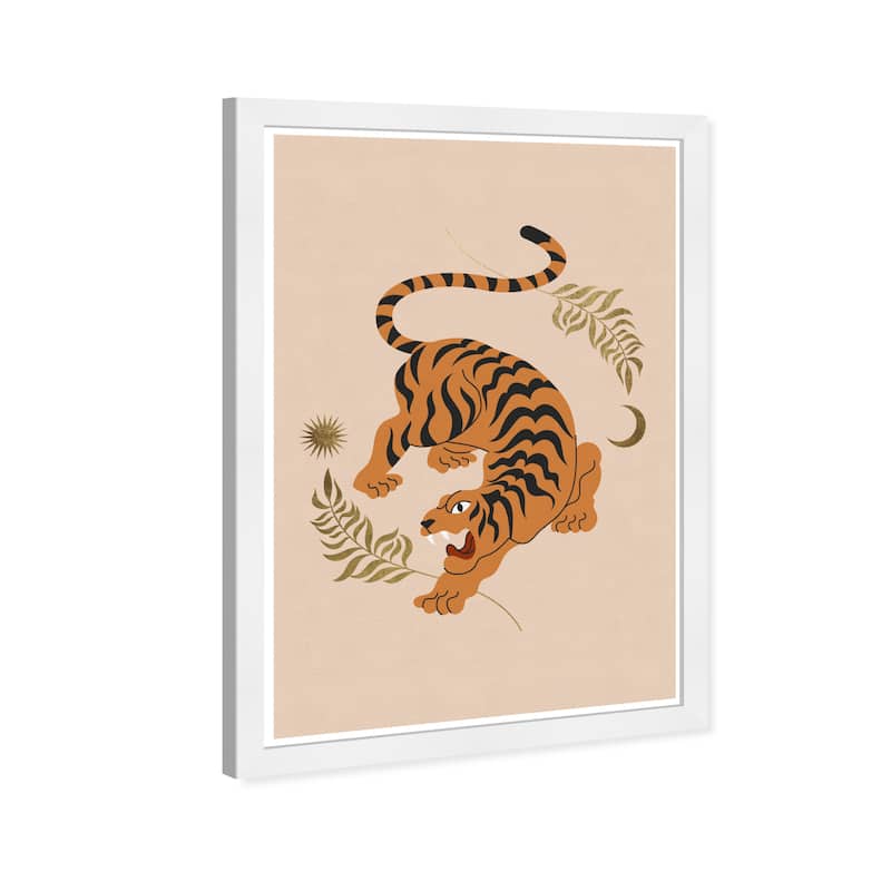 Wynwood Studio Prints Animals Tigress of the Leaves Tan Orange and Metallic Gold Modern & Contemporary Wall Art Canvas Print