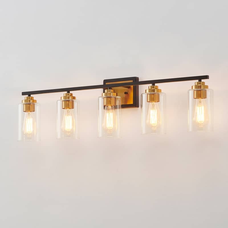 KAWOTI 5-Light Black & Gold Bathroom Vanity with Clear Glass Shade