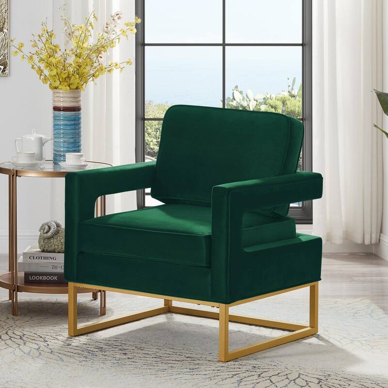 Green Modern Style Accent Chair with Gold Metal Base Velvet Upholstered Leisure Chair with Open Armrest - Green