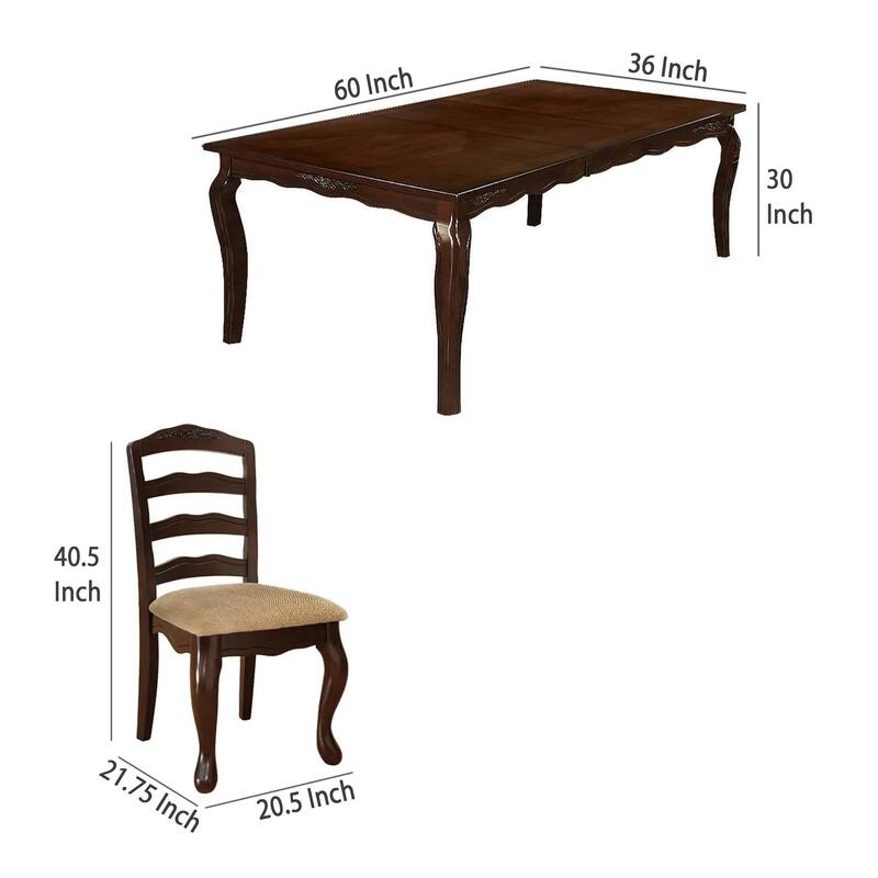 Viny 7pc Dining Table Set with 6 Fabric Chairs, Dark Walnut Solid Wood