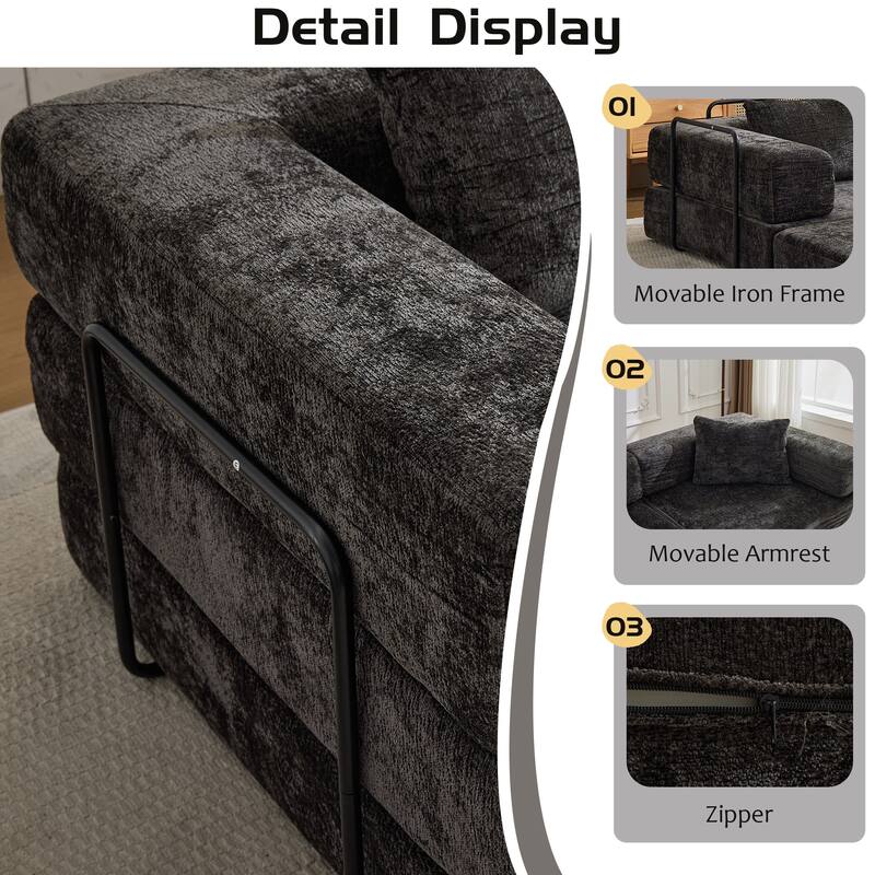 Convertible Floor Sofa Bed - Fixed Frame Chenille Loveseat, Modular Sectional, No Assembly Required