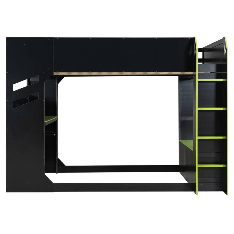 Full Size Loft Bed for Esports, Work with Built-in Adjustable Desk, Hidden Storage Headboard, RGB Light Strips and Hanging Rod