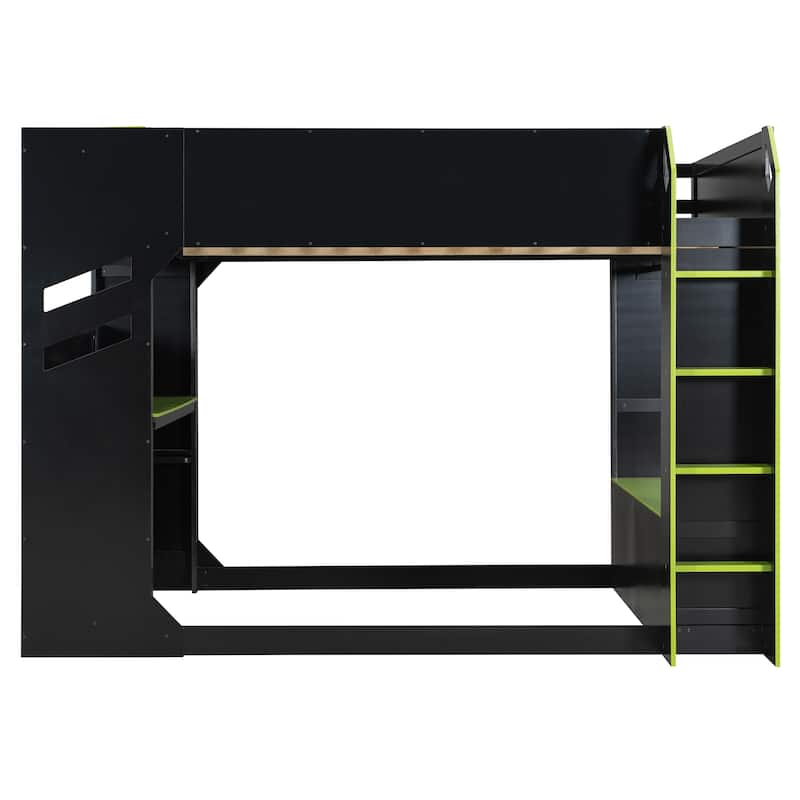 Full Size Loft Bed with Desk and RGB Lights, Wood Storage Bed with Drawers