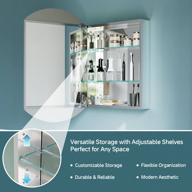 20x32" Tri-View Mirrored Medicine Cabinet, Soft-Close Blum Hinges, Reversible Door, Recess/Surface Mount, Aluminum Body