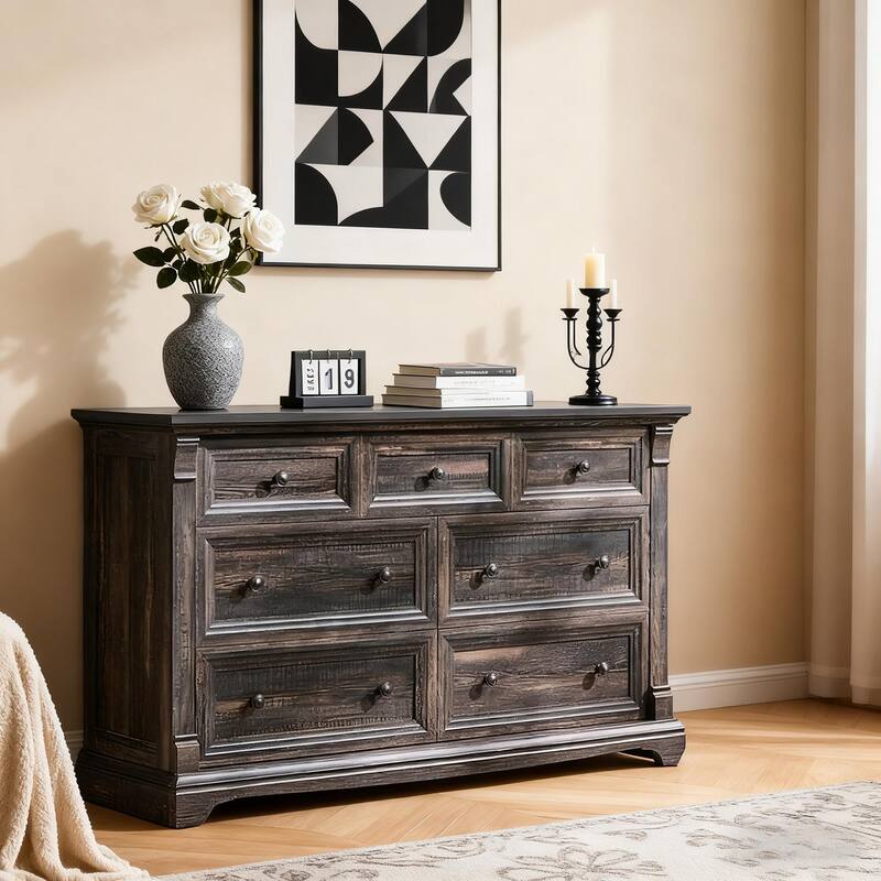 Farmhouse 7-Drawer Dresser for Bedroom, Wood Rustic Chest of Drawers - Black