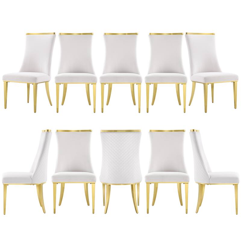 Luxurious White Velvet Upholstered Dining Chairs with Reticulate Texture Back and Polished Gold Metal Legs - Set of 10