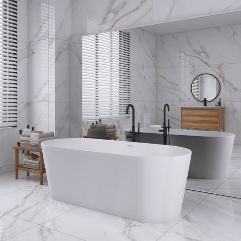 63" Solid Surface Freestanding Flat Bottom Soaking Bathtub in White