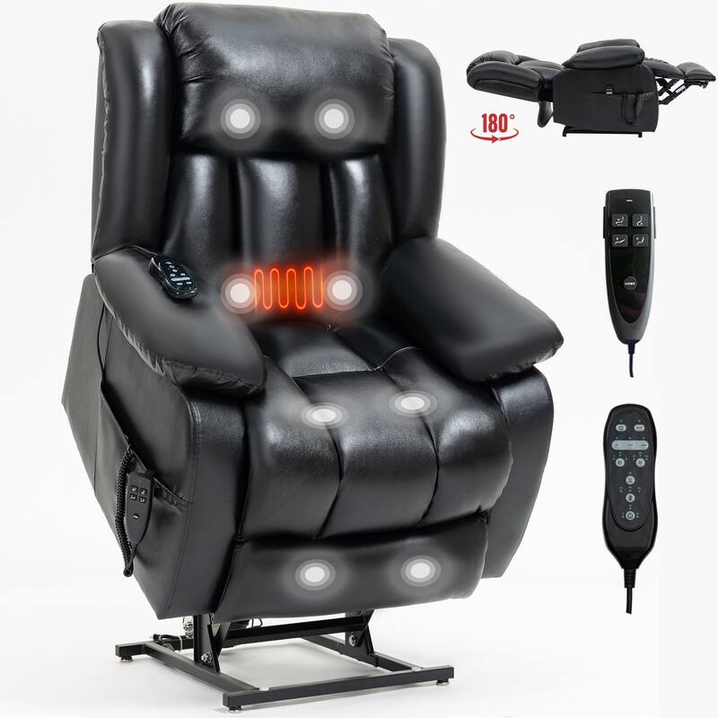 Brown Medium Electric Power Lift Recliner in Genuine Leather with Dual Motors, 8-Point Massage, Lumbar Heat - Black