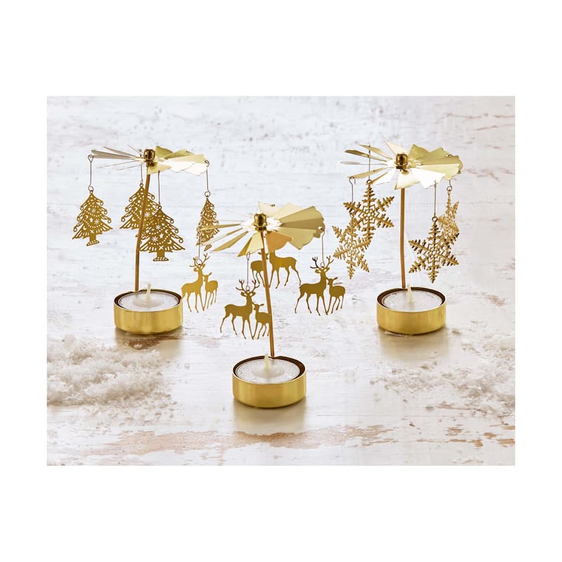 Christmas Reindeer Carousel Tealight Candle Holder Gold Metal, 3.0 x 3.0 x 5.0 inches