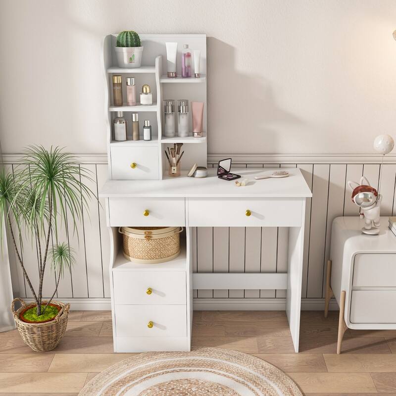 Vanity Desk with Sliding Mirror and Lights White Makeup Vanities with 5 Drawers ，movable and hidden mirror
