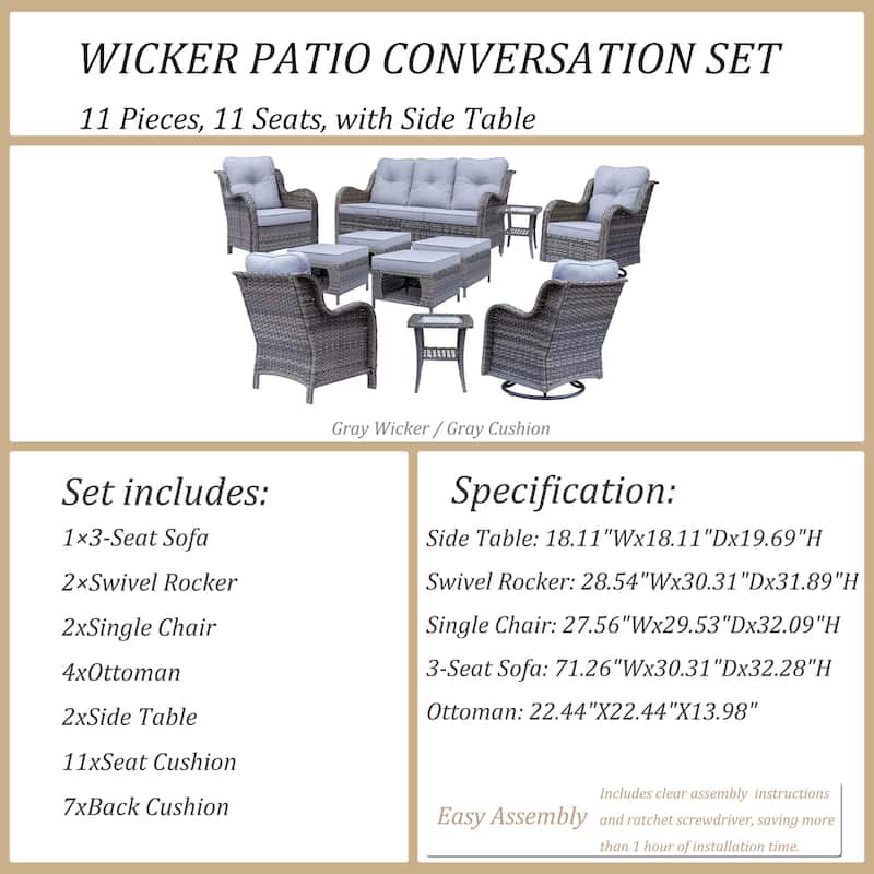 11 Piece Outdoor Wicker Patio Conversation Furniture Swivel Chairs Set