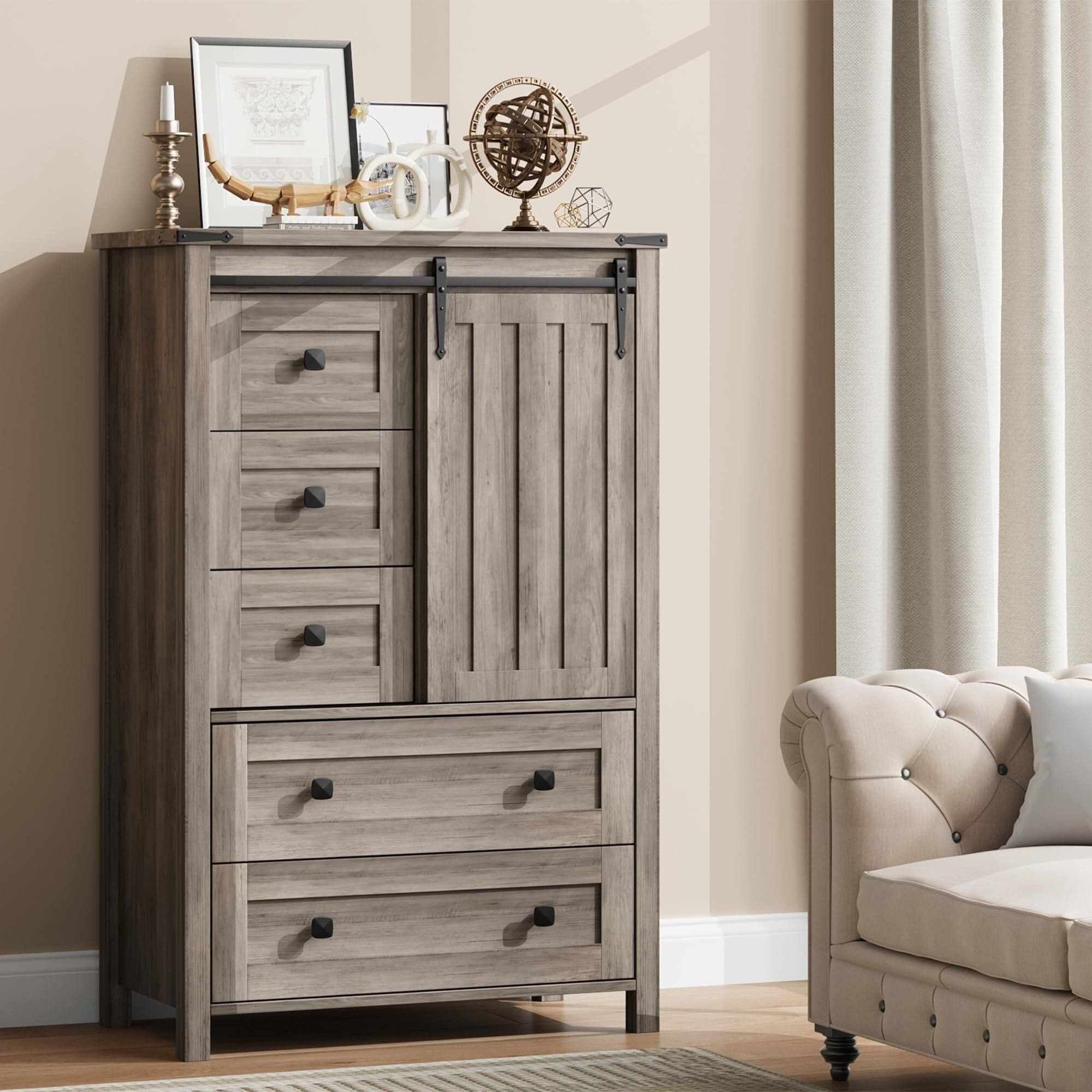 Farmhouse 5 Drawer Dresser for Bedroom, 48" Tall Wood Dresser Chest of Drawer with Sliding Barn Door