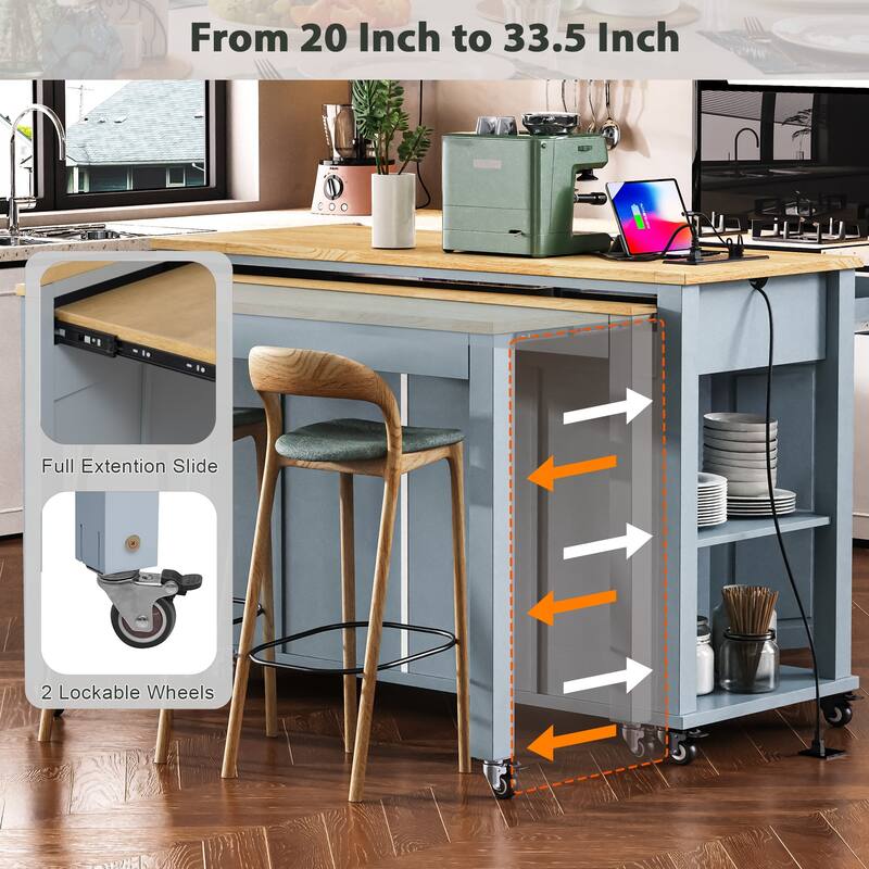 47" Kitchen Island with Extendable Table, Rubber Wood Veneer, Storage & Power